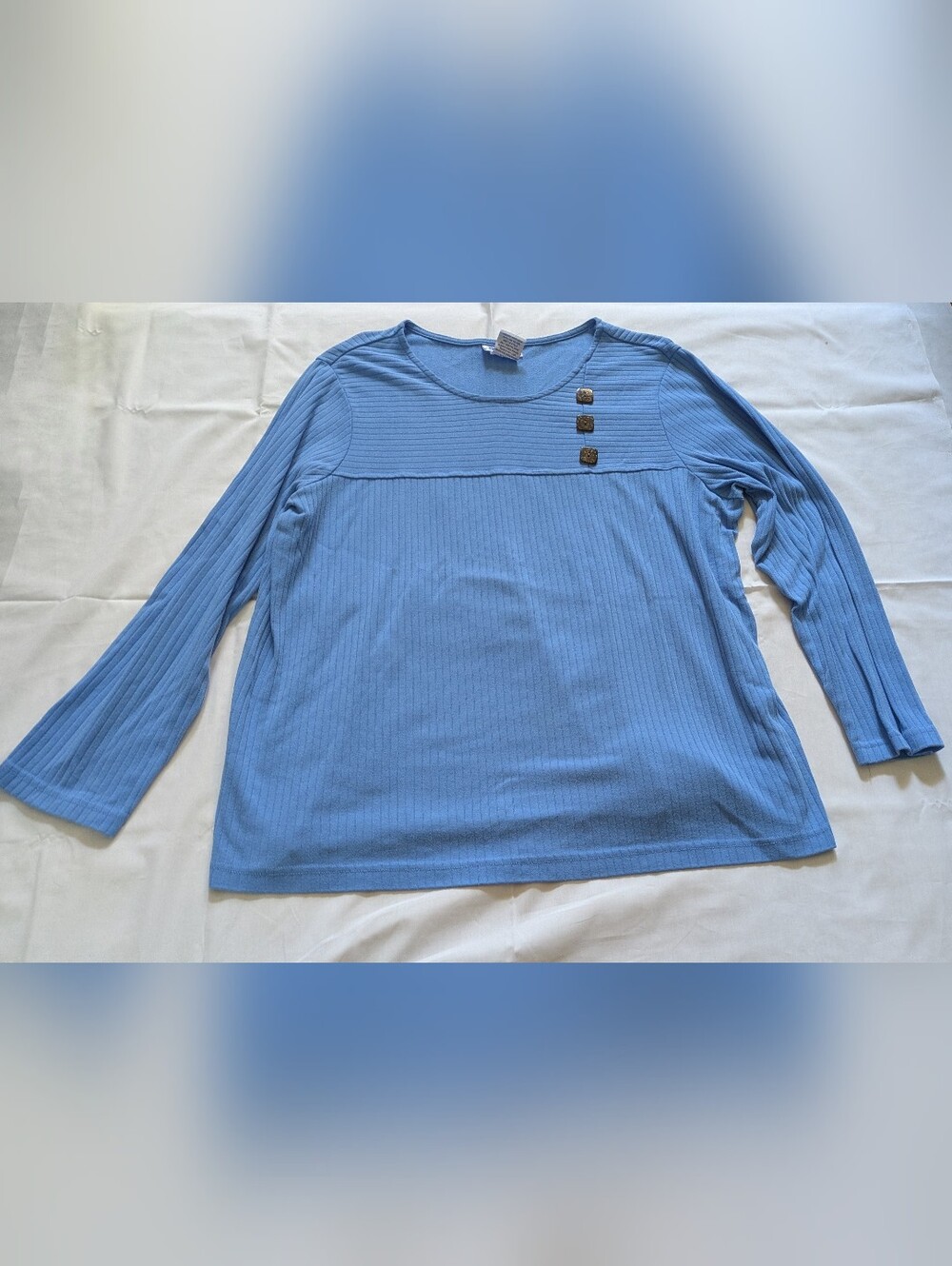 Blue Ribbed Knit Round Neck Long Sleeve Top Button Accents